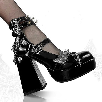 Punk Gothic High Heels Pumps Women 2025 Patent Leather Black Lolita Shoes Woman Y2K Ankle Straps Thick Heeled Mary Jane Shoes