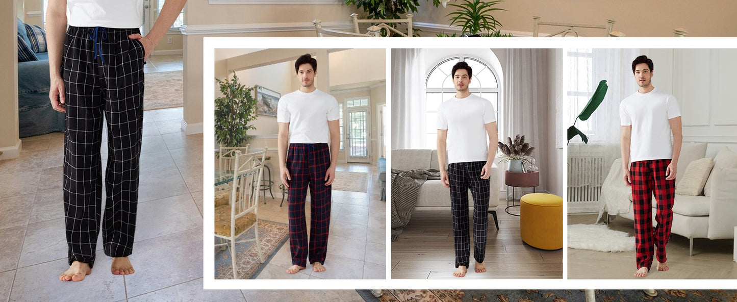 3pcs Mens Pajamas Pants with Pockets Flannel Soft Warm Plaid Pajamas Bottoms Autumn and Winter Daily Loungewear Sleepwear