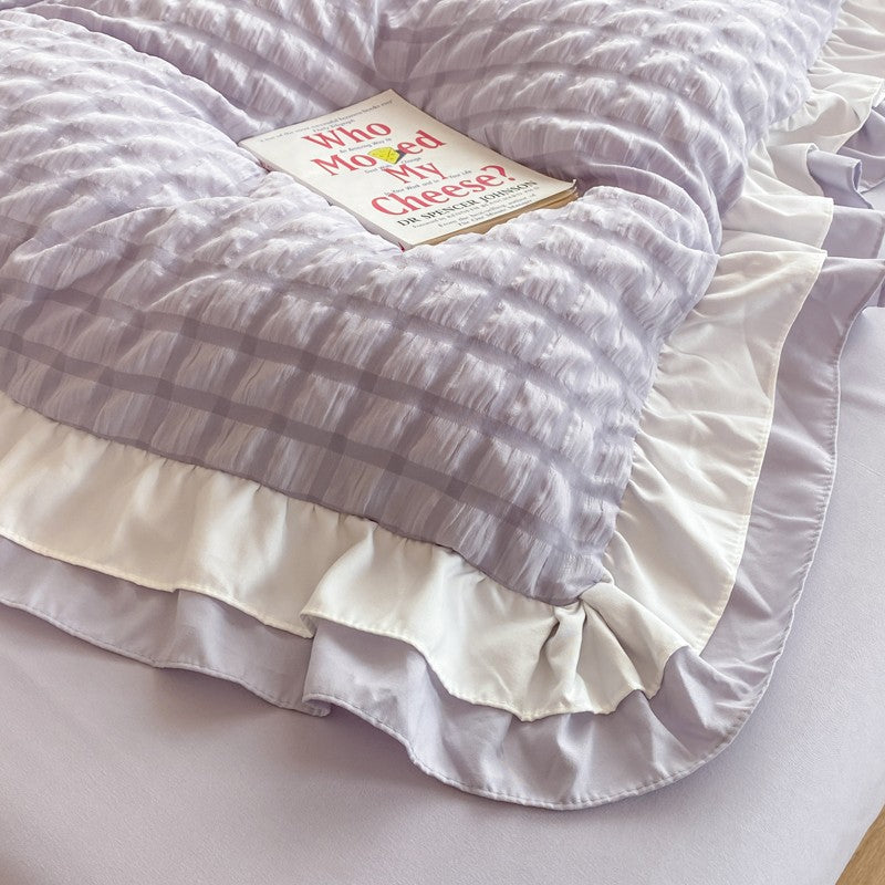 Conjunto de cama de renda coreana 3 peças de seersucker (1*Capa de Edredom + 2*Fronhas, Sem Enchimento) para quarto de hóspedes