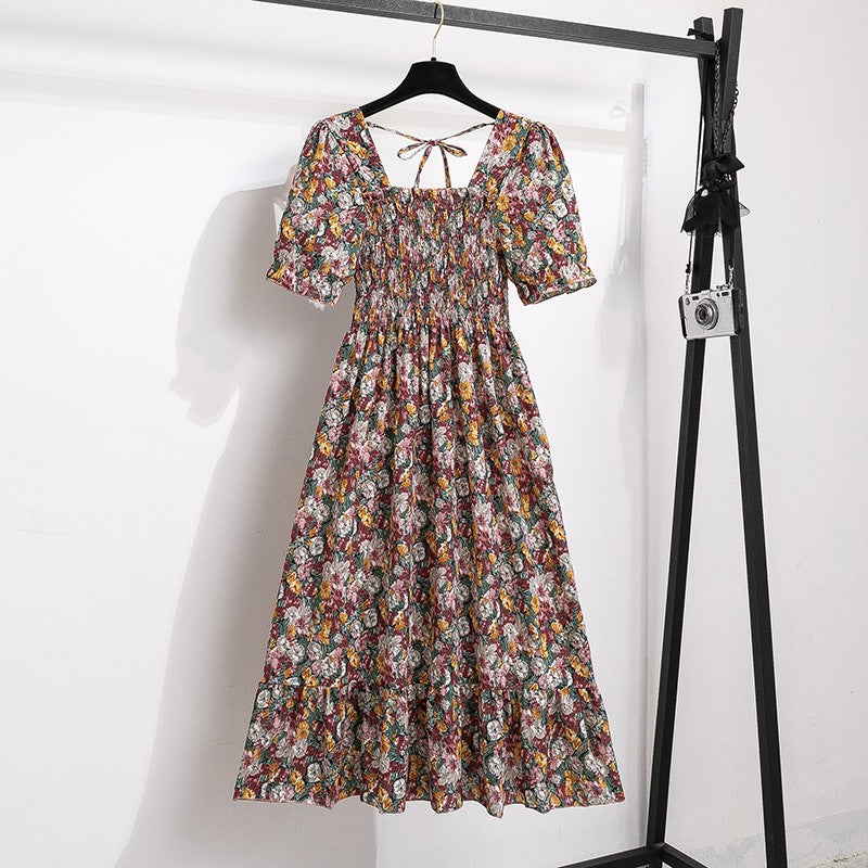Summer Pleated Women Chiffon Dresses Casual Beach Holiday Short Sleeve Square Co