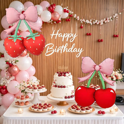 2pcs Set  Bowknot & Cherry Foil Balloons — Perfect for Birthdays, Summer Parties, Outdoor Picnics, and Cherry-Themed Events