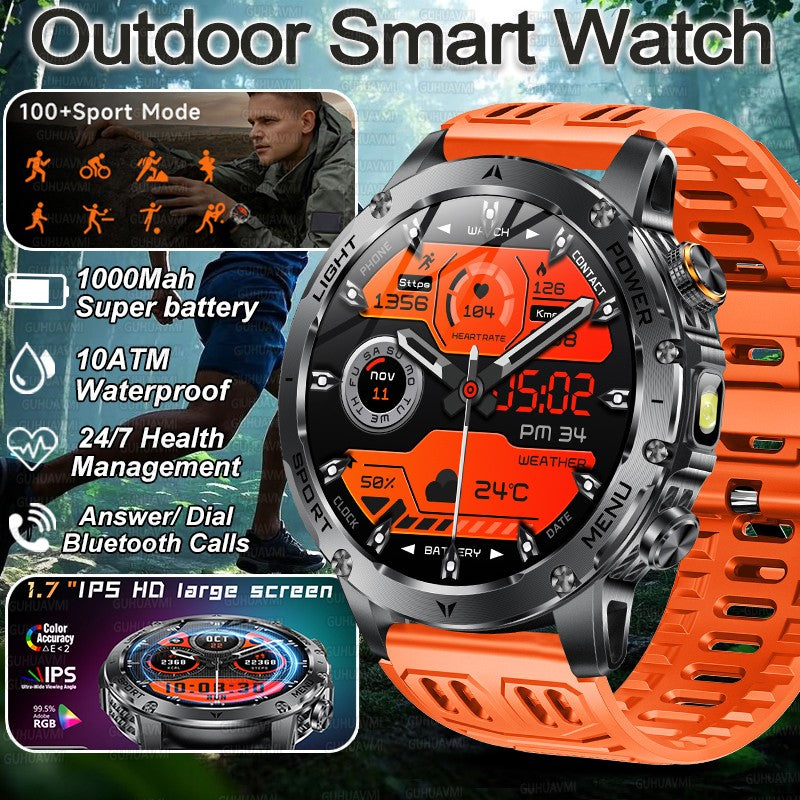 Smartwatch Militar Novo 2025 Bateria 1000mAh Monitoramento Fitness 10ATM À Prova D'Água Táticas Esportivas Lanterna Pulseira para Chamadas Masculino