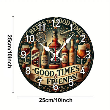 Beer & Whiskey Wooden Round Silent Hanging Wall Clock, Suitable For Living Room, Office, Study Room, Bedroom, Home Decoration