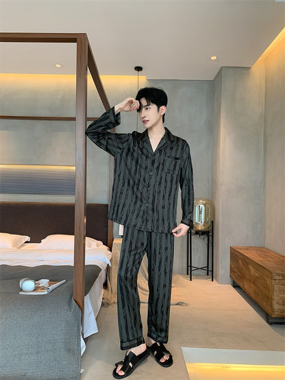 Large Size Ice Silk Men's Sleepwear 2025 New High-End V-Neck Thin Long Sleeved Two-Piece Set for Home Wear Youth Nightwear