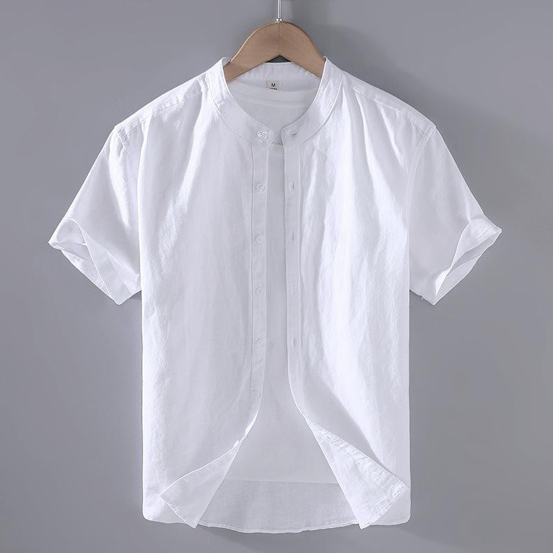 Cotton Linen Hot Sale Men's Short-Sleeved Shirts Summer Streetwear Plain Color Stand Collar Casual Beach Style Plus Size M-3XL