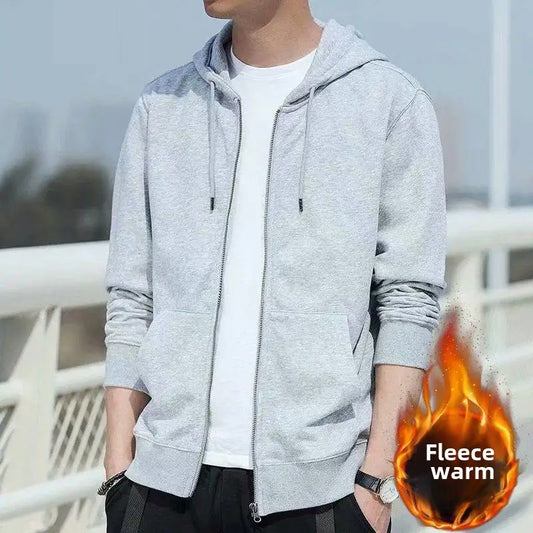 Men's Fleece-Lined Warm Jacket 2024 Autumn Winter New Cardigan Sports Top Casual Hooded Sweatshirt Regular Length China Origin