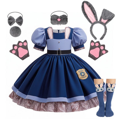 Kids Girls Cute Rabbit Police Officer Fancy Costume Dress Outfit for Halloween Cosplay Birthday Purim Carnival Stage Party Wear