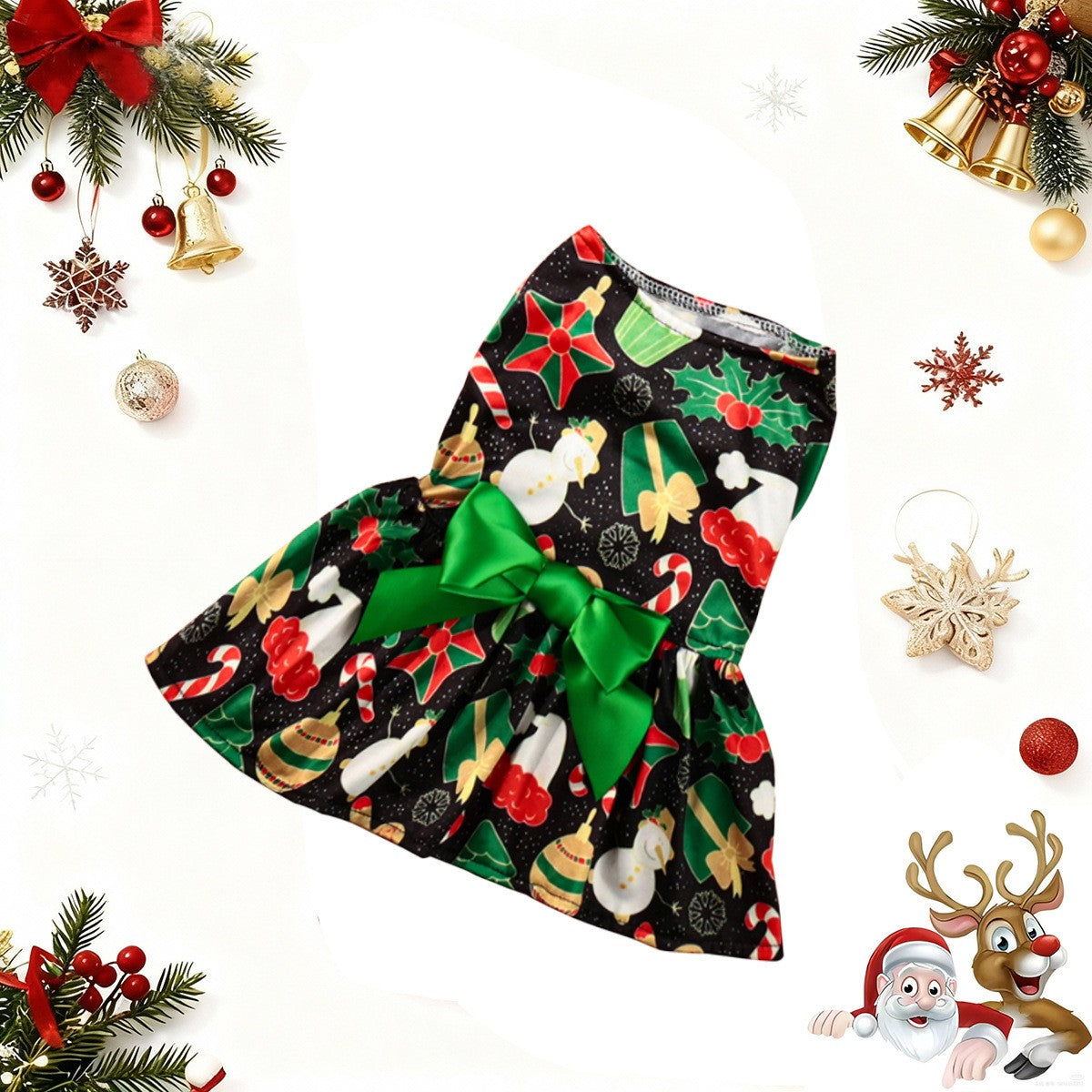Christmas Pet Clothes Round Neck Sleeveless Printed Dress Santa Claus Snowflake for Small Medium Large Dogs New Year Present