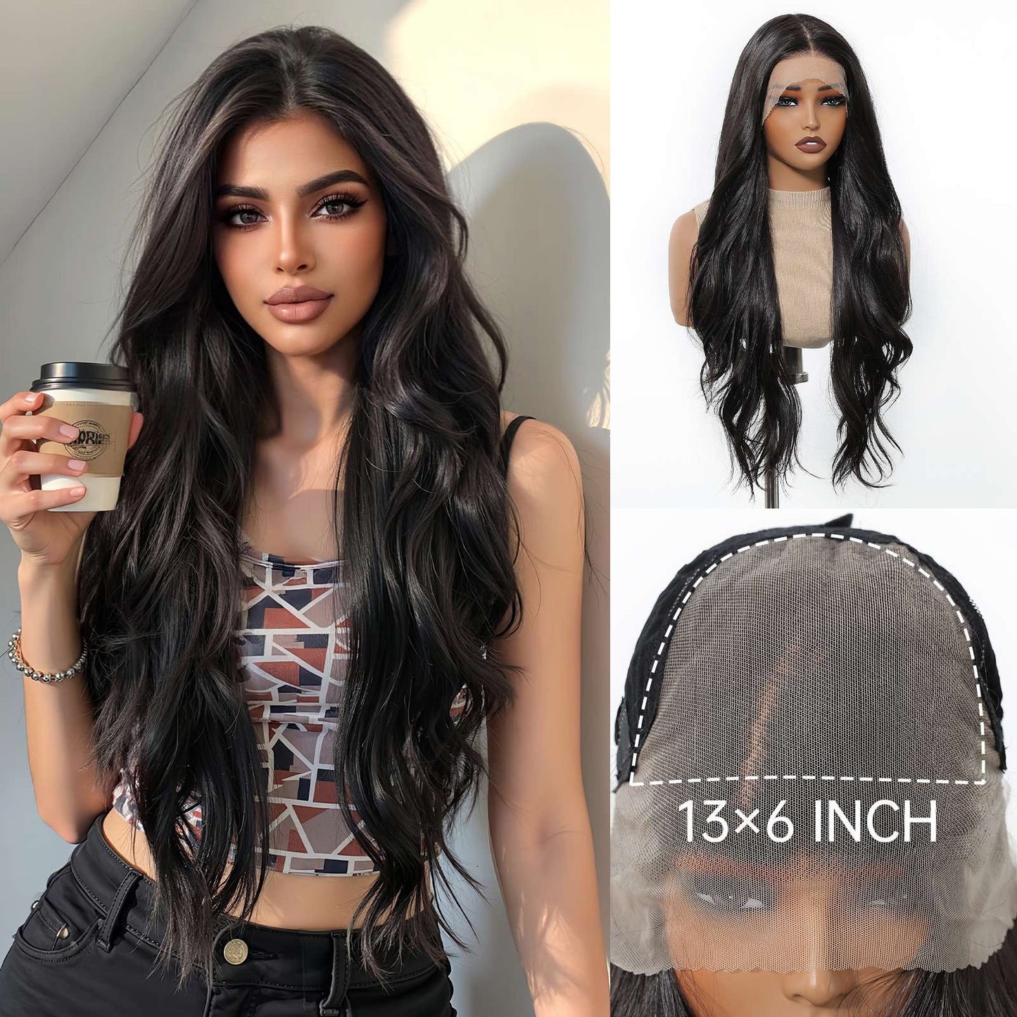 HENRY MARGU Peruca Sintética Lace Front 13x6 Peruca Longa Castanho Cinza Cabelo Ondulado Natural para Uso Diário Peruca de Fibra de Alta Temperatura