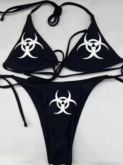 Y2k style Print Bikini Set Sexy Thong Swimsuit Two Pieces Bathing Suit Punk Bathing Suit Fashion Swimwear Women Millennium style