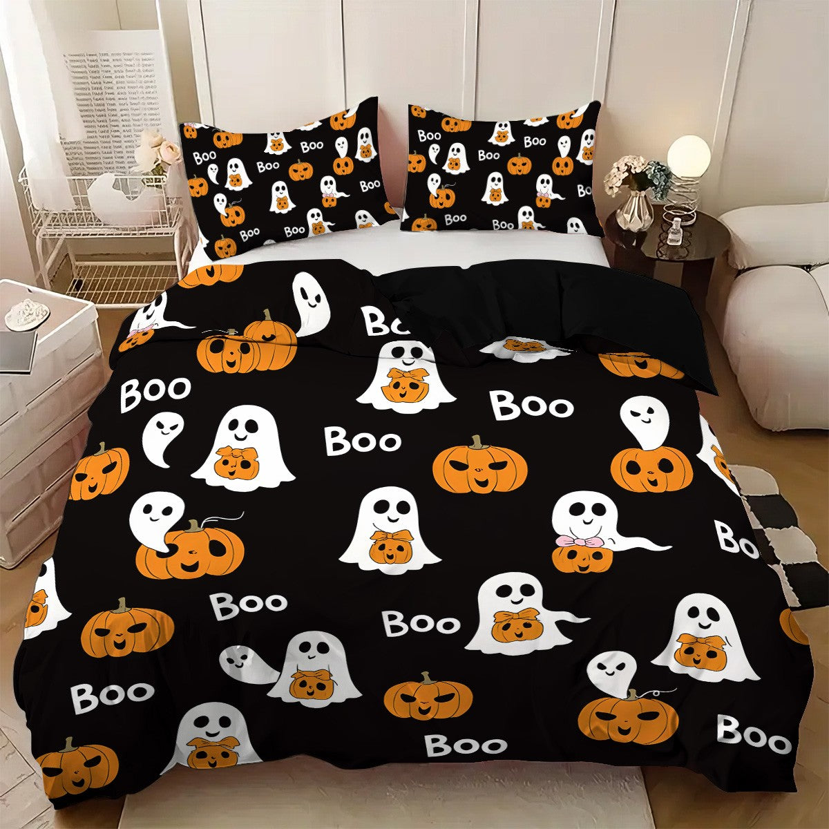 3 capas de edredom fofas de fantasma de Halloween, 1 capa de edredom + 2 fronhas, sem enchimento. Conjunto de cama macio e confortável, lavável à máquina