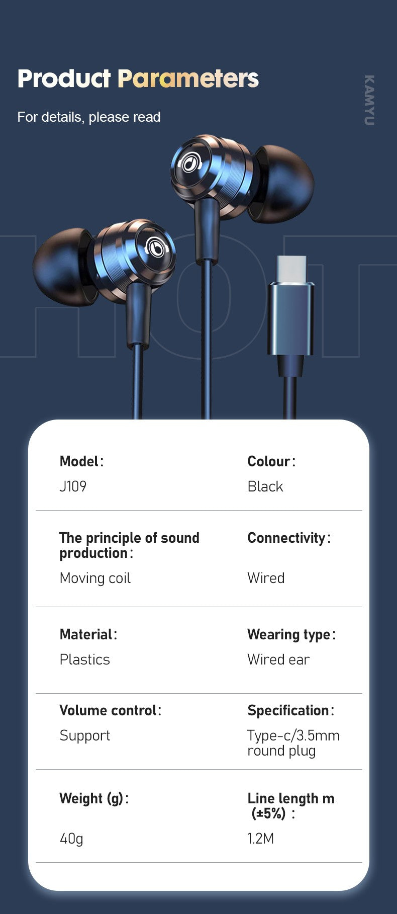 Fones de ouvido com fio J109, qualidade de som superior, fones de ouvido intra-auriculares com conector tipo C e 3,5 mm, fones de ouvido estéreo HiFi de metal com microfone