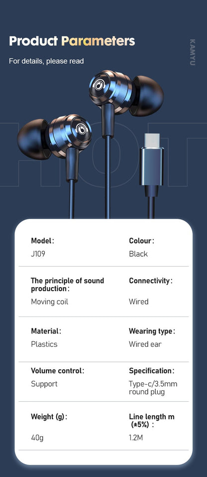 Fones de ouvido com fio J109, qualidade de som superior, fones de ouvido intra-auriculares com conector tipo C e 3,5 mm, fones de ouvido estéreo HiFi de metal com microfone