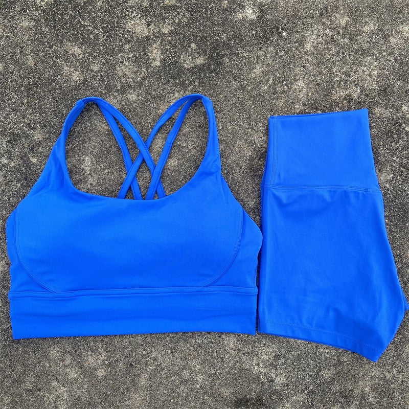 Yoga Shorts Set Gym Sports Set Women Workout Clothes 2 Piece Fitness Suit Cross Straps Bra High Waist Shorts Running Tracksuit