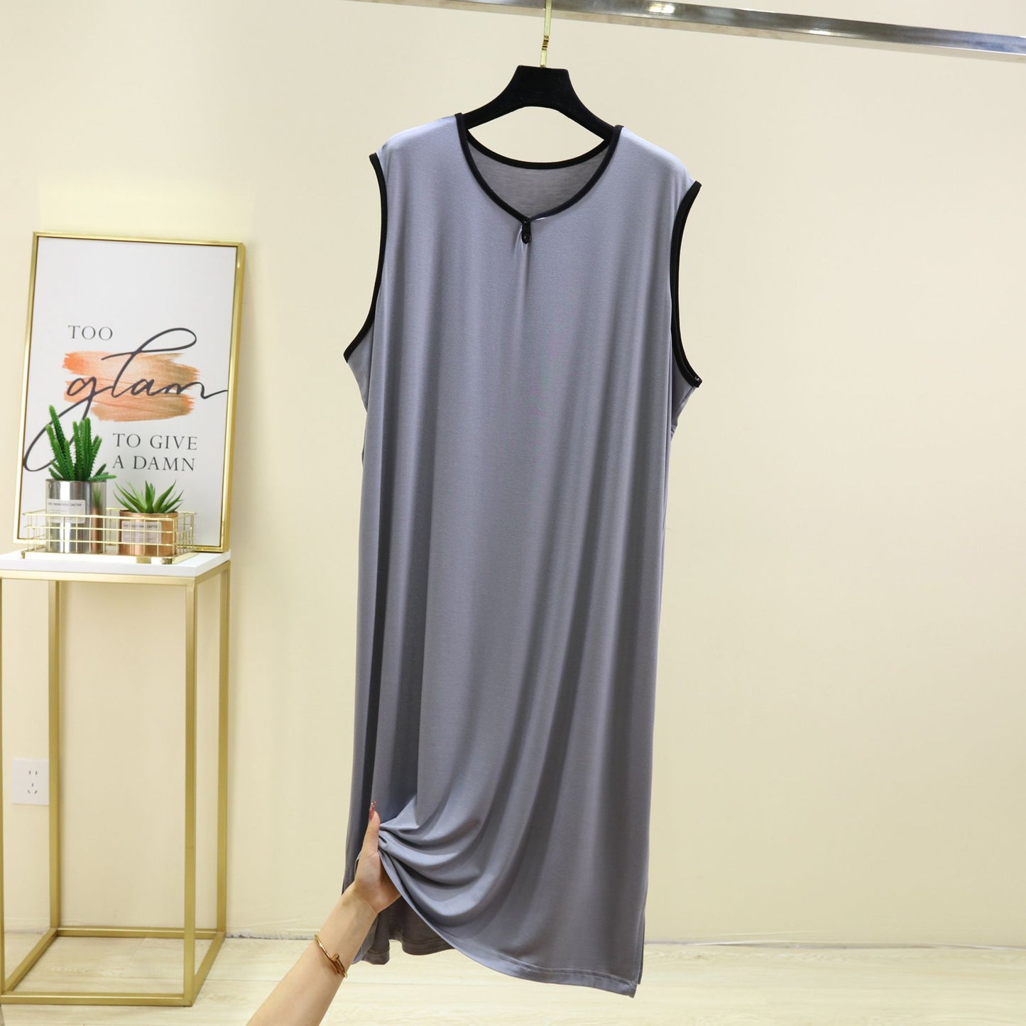 Modal Cotton Men Plus Size Pajamas Night Gown for Summer Solid Color Thin Sleeveless Medium Long Loose Button Vest Style Dress