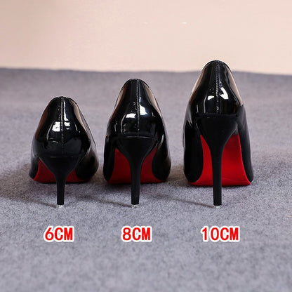 Sapatos de Salto Agulha Bico Fino de Couro Sintético Envernizado Sensuais, Sola Vermelha para Festa, Sapatos de Trabalho Pretos Clássicos para Meninas com Temperamento