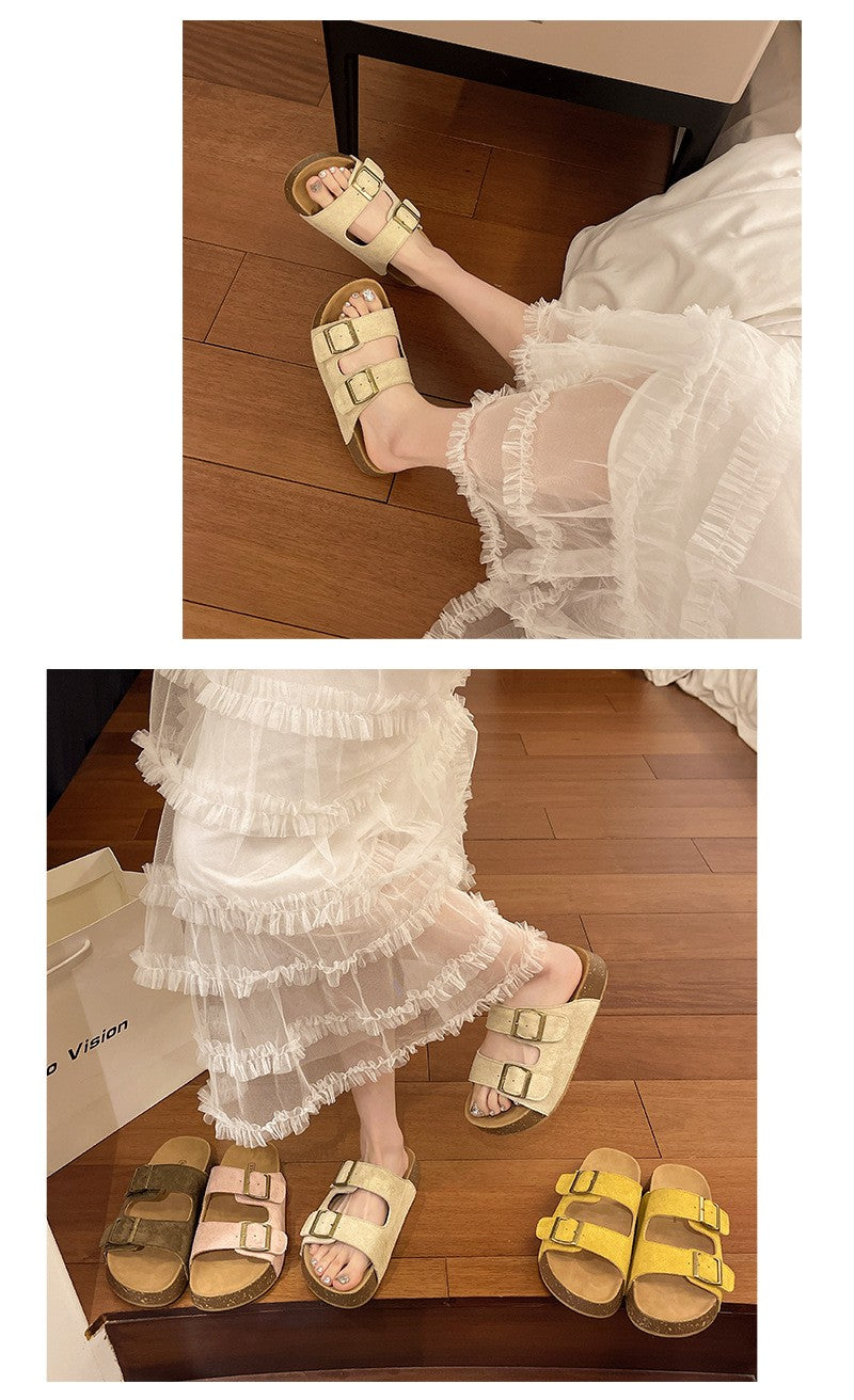 Bebealy Women's Sandals Soft-soled Platform Sandals Double Buckle Roman-style Belt-buckle Slippers Popular Slip-on Flat Slippers