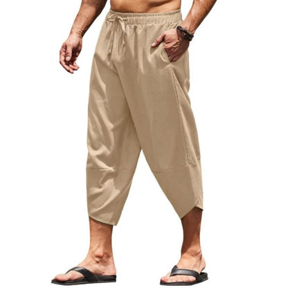 Calças Capri Masculinas de Verão Cor Sólida Shorts Harem Masculinos com Elástico na Cintura Cordão Calças Cropped 3/4 Folgadas