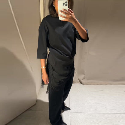 Fashion Lace Patchwork Mid Sleeve Tops for Women Elegant O Neck Loose Female T-shirt Spring New Lady Solid Shirts High Street