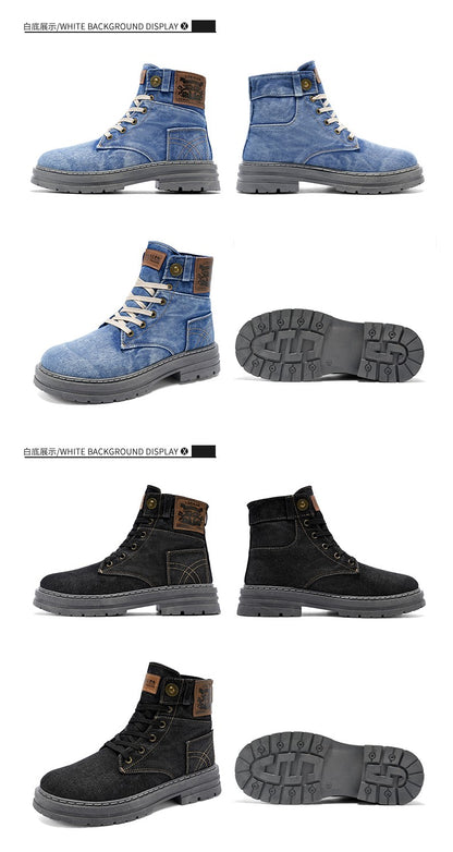 Retro blue men's denim boots, lace-up thick-soled boots, men's ankle boots, casual men's work shoes, Botas Hombre, size 48