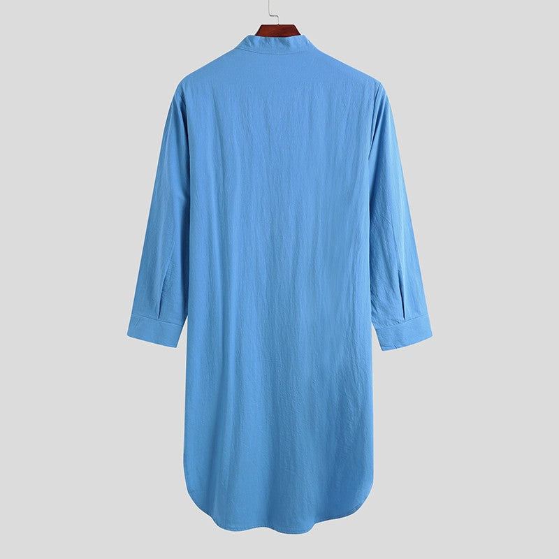 Men's Cotton Button-down Sleep Robe Solid Color Stand Neck Long Sleeve Nightgown Fashion Comfortable Home Wear Loose Bathrobe