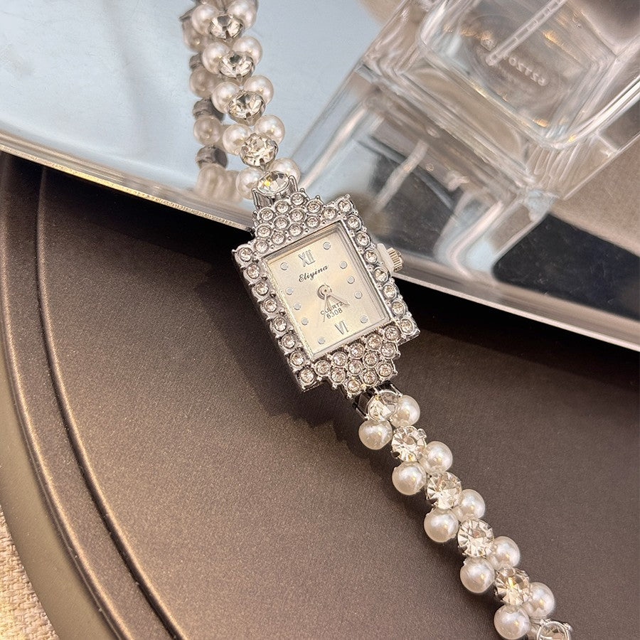 French Romantic Double-Row Exquisite Small Pearl Bracelet Watch Square Diamond-Encrusted Light Luxury Ladies Quartz Watch