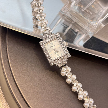 French Romantic Double-Row Exquisite Small Pearl Bracelet Watch Square Diamond-Encrusted Light Luxury Ladies Quartz Watch