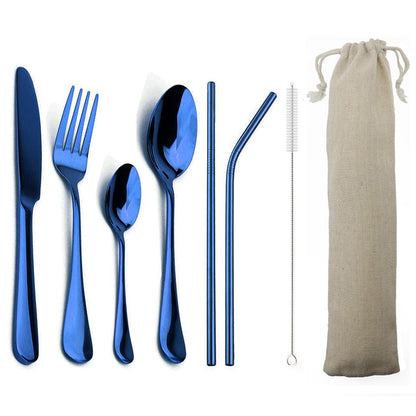 Conjunto de Louça Azul de 4 Peças com 2 Canudos de Metal Aço Inoxidável Talheres Coloridos Faca Garfo Colher de Chá Talheres de Prata