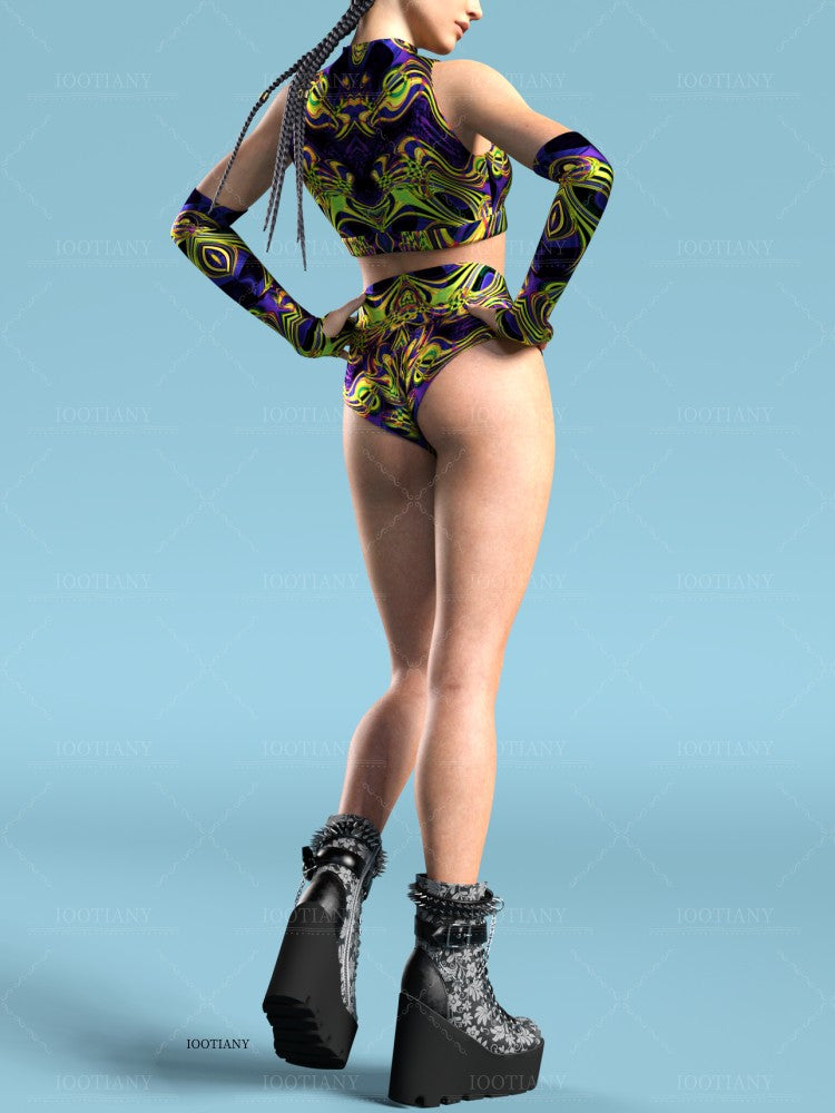 Adult Summer Role Play Bodysuit Women Sexy Hollow Sleeveless Blue Graffiti Art Swimsuit Carnival Party Stage Performance Clothes