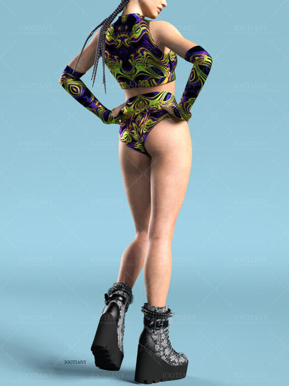 Adult Summer Role Play Bodysuit Women Sexy Hollow Sleeveless Blue Graffiti Art Swimsuit Carnival Party Stage Performance Clothes
