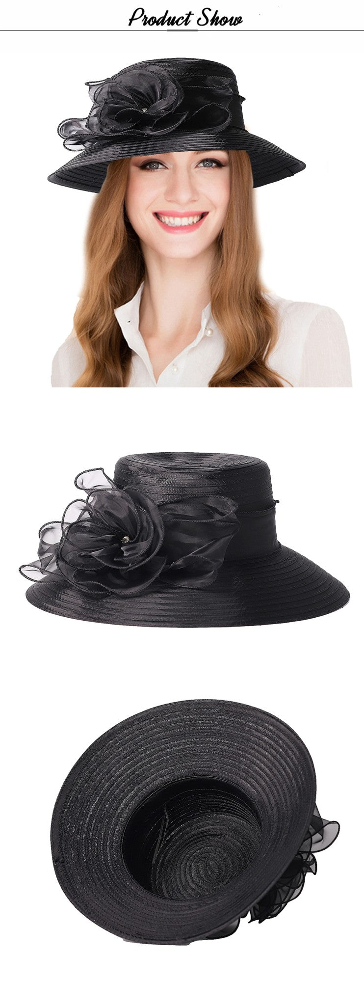 FS Chapéus Brancos de Igreja para Mulheres Elegantes com Aba Larga Fascinators de Casamento Boné com Flor Chapéu de Balde Guarda-sol de Praia de Inverno Sombrero
