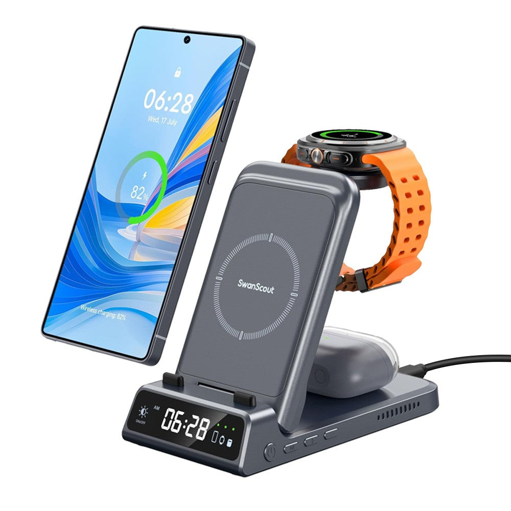 Carregador sem fio SwanScout 703S para Samsung S25 Ultra S24 Z Fold 7 Z Flip 7 Estação de carregamento para Galaxy Watch 8 7 para Buds 3 pro