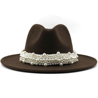 Chapéu Fedora De Lã Feminino Masculino Com Fita De Pérolas Cavalheiro Elegante Senhora Inverno Outono Aba Larga Igreja Panamá Sombrero Boné De Jazz 60CM