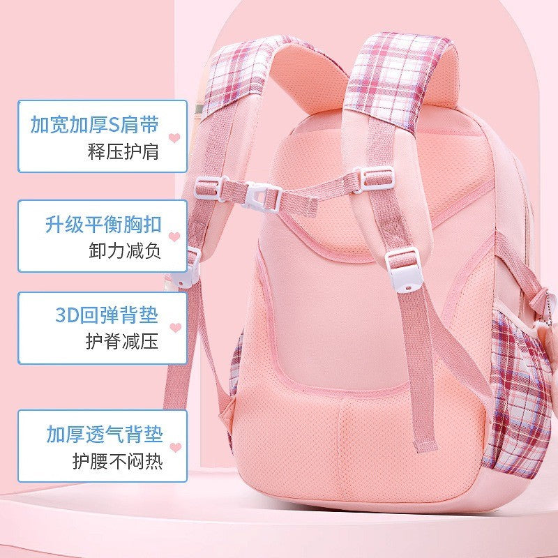 Protecting The Spine Ergonomics Elementary School Students Girls Checkered Backpack Large Capacity Lightweight Waterproof