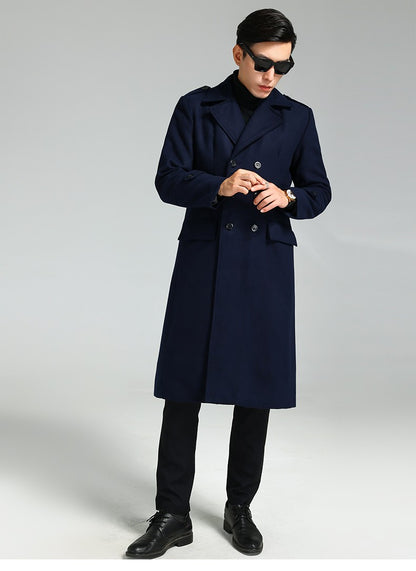 Nerazzurri Autumn Winter Long Elegant Luxury Chic Navy Blue Warm Woolen Coat for Men Double Breasted Wool & blends Overcoat 2023