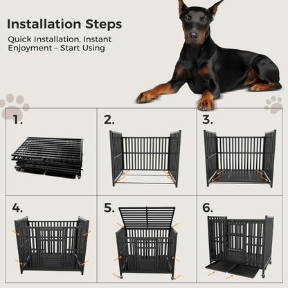 Heavy Duty Dog Crate, Escape-Proof Indestructible Cage for High-Anxiety Dogs, 3-Door Kennel with 4 Lockable Wheels