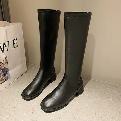 Women Black High Heel Long Boots Fashion Spring Autumn Warm Knee High Boots Soft Leather Thigh High Boots Shoes Zipper