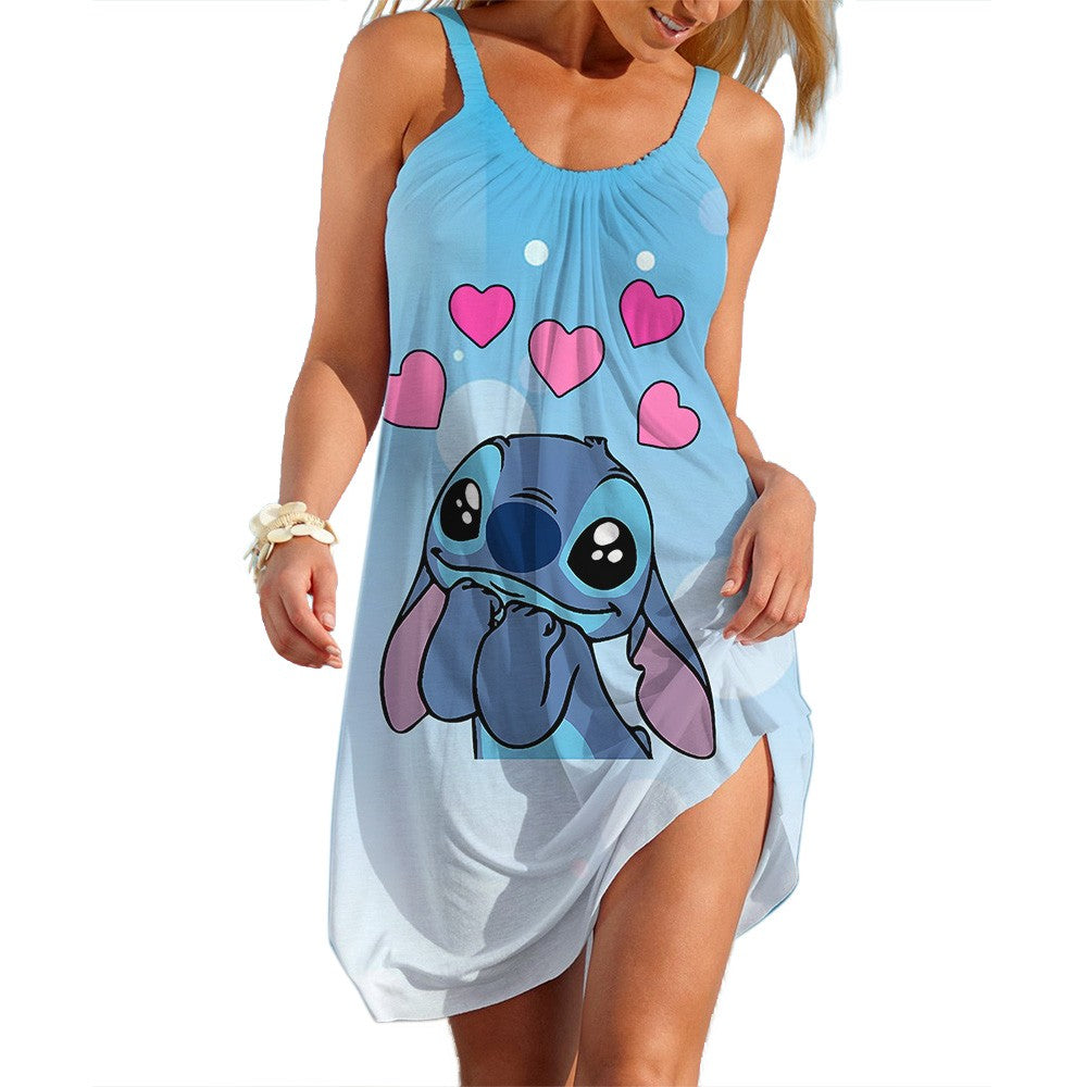New Summer Girls Disney Stitch Women Fashion Sling Dress Women Sexy Loose Seasid
