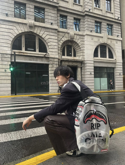Fashion Shark Letter Transparent Backpack Men Sport Waterproof PVC Clear Plastic Schoolbag Casual Street Large Capacity Rucksack