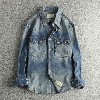 Autumn New American Retro Heavyweight Double Pocket Denim Cargo Shirt Men's Simple 100% Cotton Washed Casual Blouses Thin Jacket