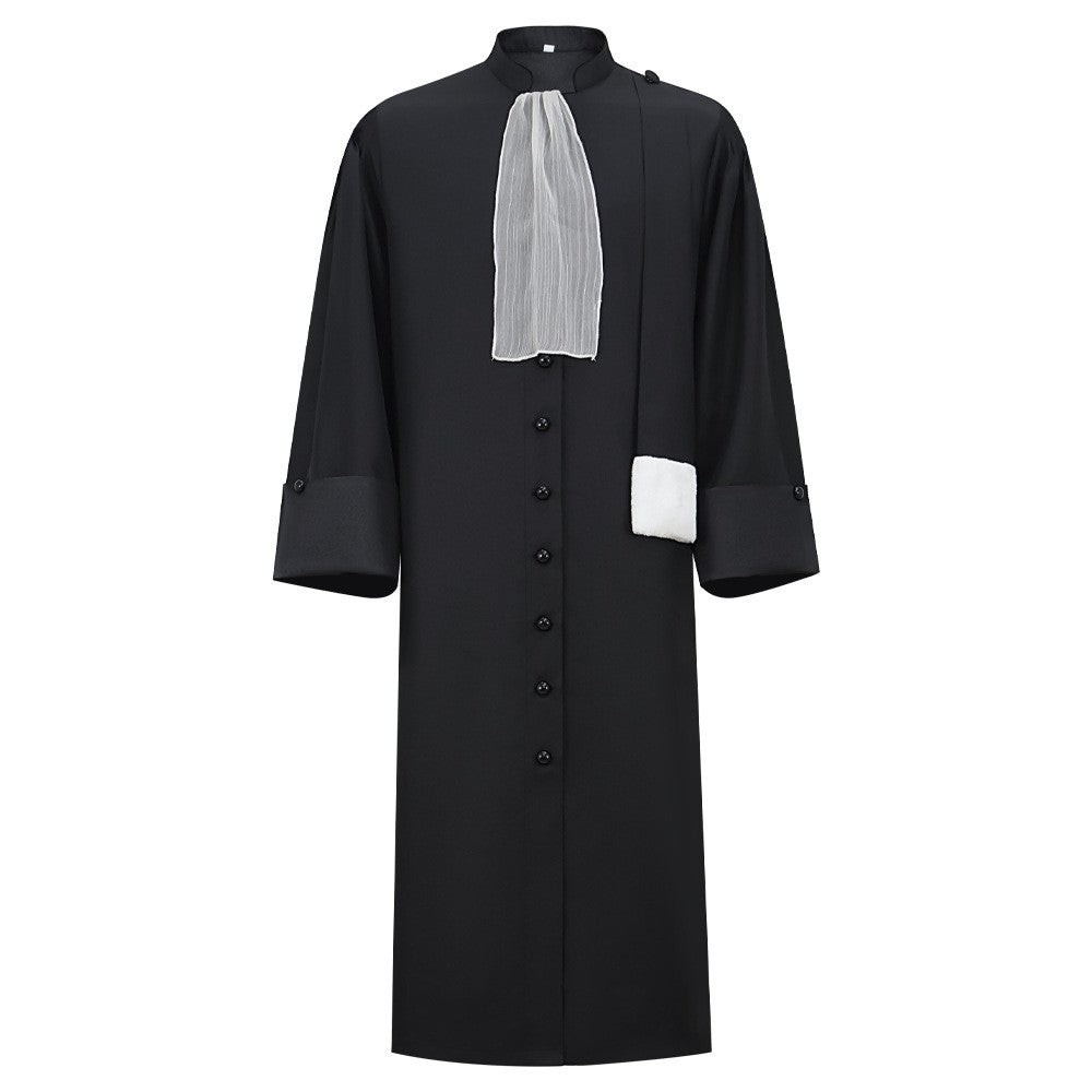 Barrister Robe Medieval Lawyer Costume with Pleated Jabot Collar Clergy Choir Robe Vintage Priest Cosplay Outfit