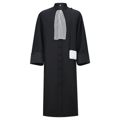 Barrister Robe Medieval Lawyer Costume with Pleated Jabot Collar Clergy Choir Robe Vintage Priest Cosplay Outfit