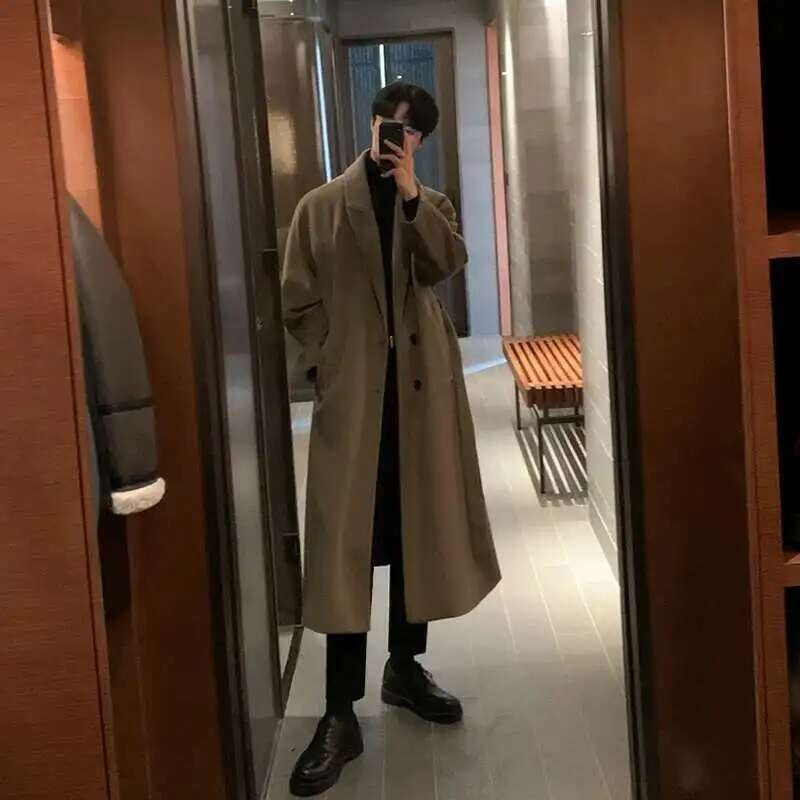 IEFB Korean Style Men's Fashion Tide Woolen Coat Single Breasted Overcoat 2025 Autumn New Stylish Trench Casual Loose Fit 9D1655