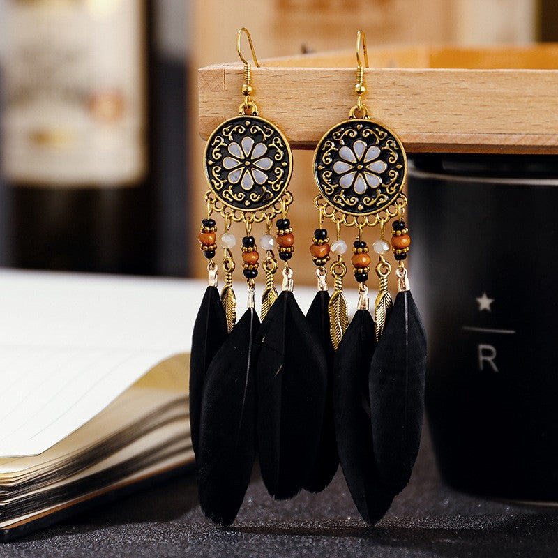 Brincos femininos longos de pena estilo boho, praia, com borla longa, miçangas, flores artesanais esmaltadas, para noiva, casamento, Pendientes Mujer