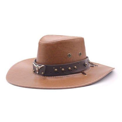 Simple PU Leather Western Cowboy Hat Big Brim Drawstring Sunscrean Bucket Cap Outdoor Travel Hat Hiking Hat Fisherman Hat Travel