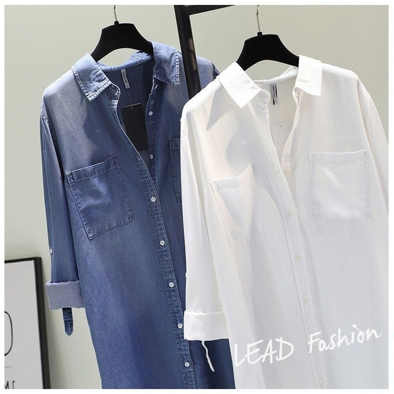 Fashion Women's Clothing Shirt Medium Long Containing Cotton Shirt Loose Fit Long Sleeve Double Pocket Rolled Sleeve Thin Blouse