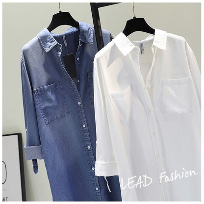 Fashion Women's Clothing Shirt Medium Long Containing Cotton Shirt Loose Fit Long Sleeve Double Pocket Rolled Sleeve Thin Blouse