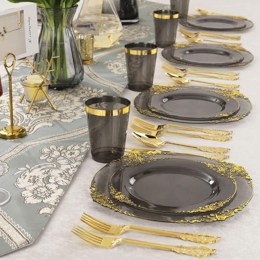 175pcs Clear Black Plastic Plates with Gold Accents Premium Disposable Dinnerware Set for 25 Guests Featuring 50 Plates 75 Gold