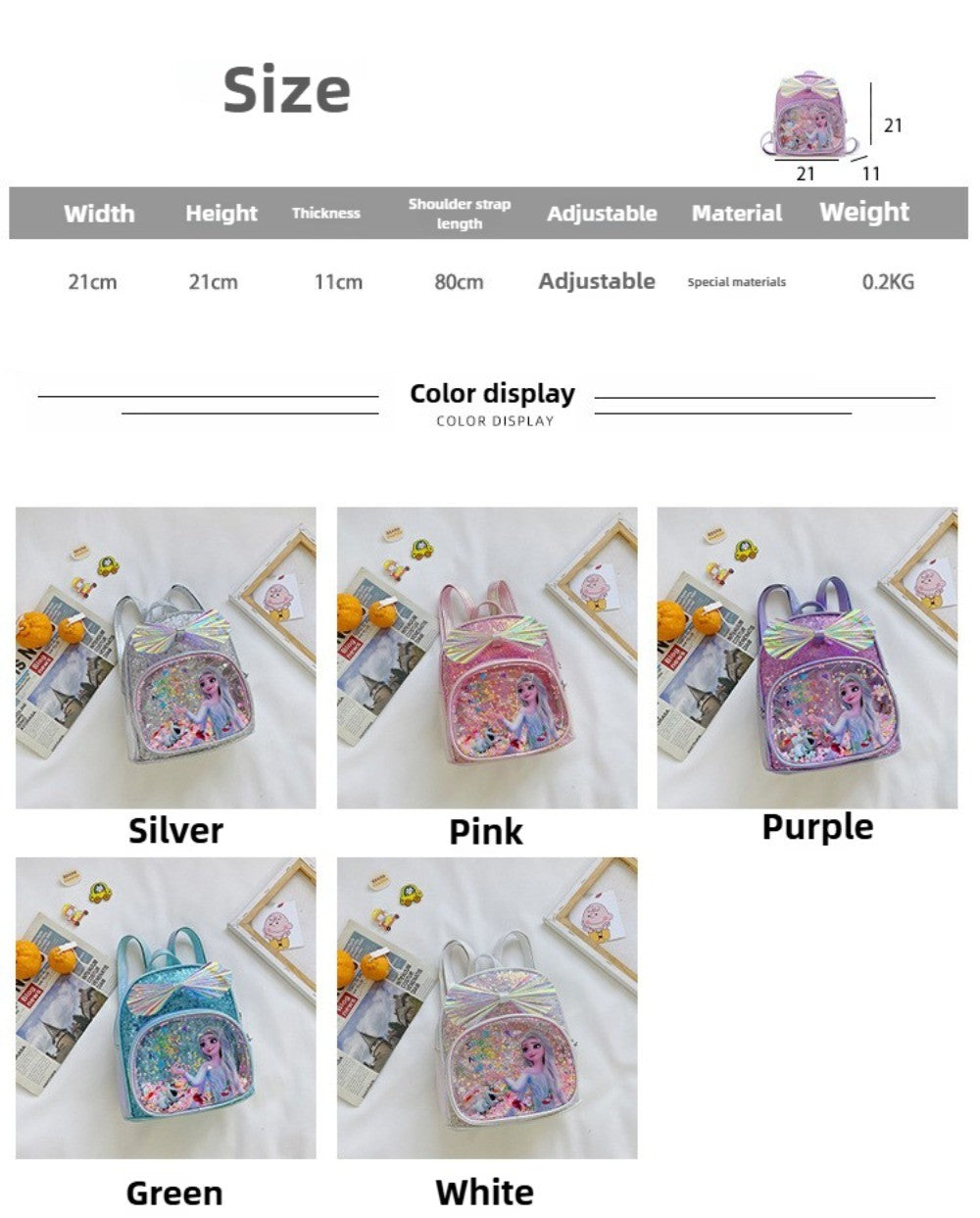 Mochila Mini de Glitter Princesa Elsa de Frozen da Disney, Linda com Laço de Lantejoulas, Bolsa Escolar de Jardim de Infância para Meninas, Desenho Animado Infantil, Mochila de Ombro Duplo