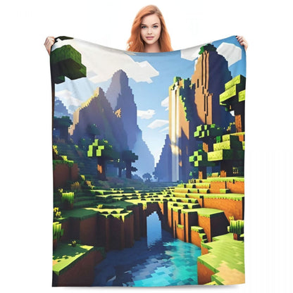 Cartoon Mines Pixel Game Crafts Flannel Blanket Super Warm Throw Blanket for Home Decor Decorative Street Trend Bedspread